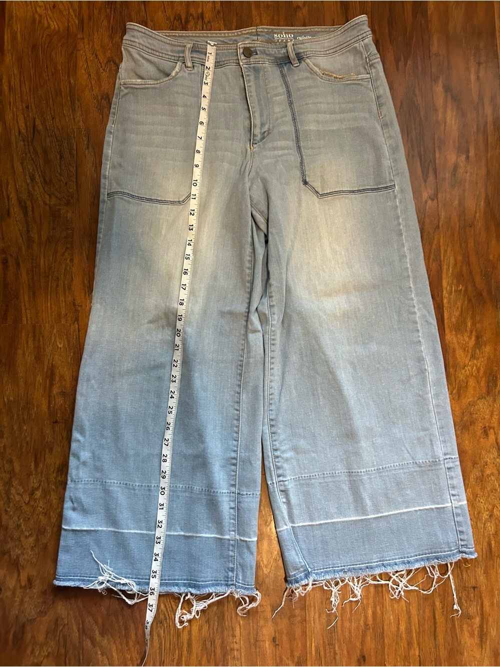 Light Blue Wide Leg Distressed Jeans Culottes with Frayed Hem - Picture 7 of 13